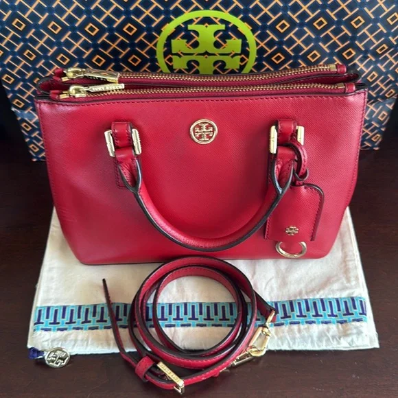 TORY BURCH "ROBINSON" MINI❤️KIR ROYALE❤️SAFFIANO LEATHER DOUBLE ZIP TOTE 🌟EUC🌟 - Picture 16 of 17